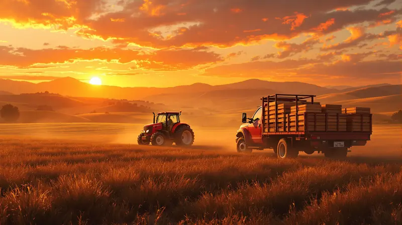 Campo con un tractor y un camión cargado de cajas
